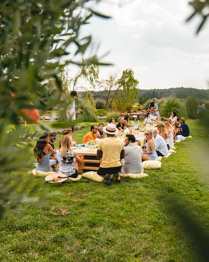 Groupe partageant un repas en extérieur lors d’un moment collectif
